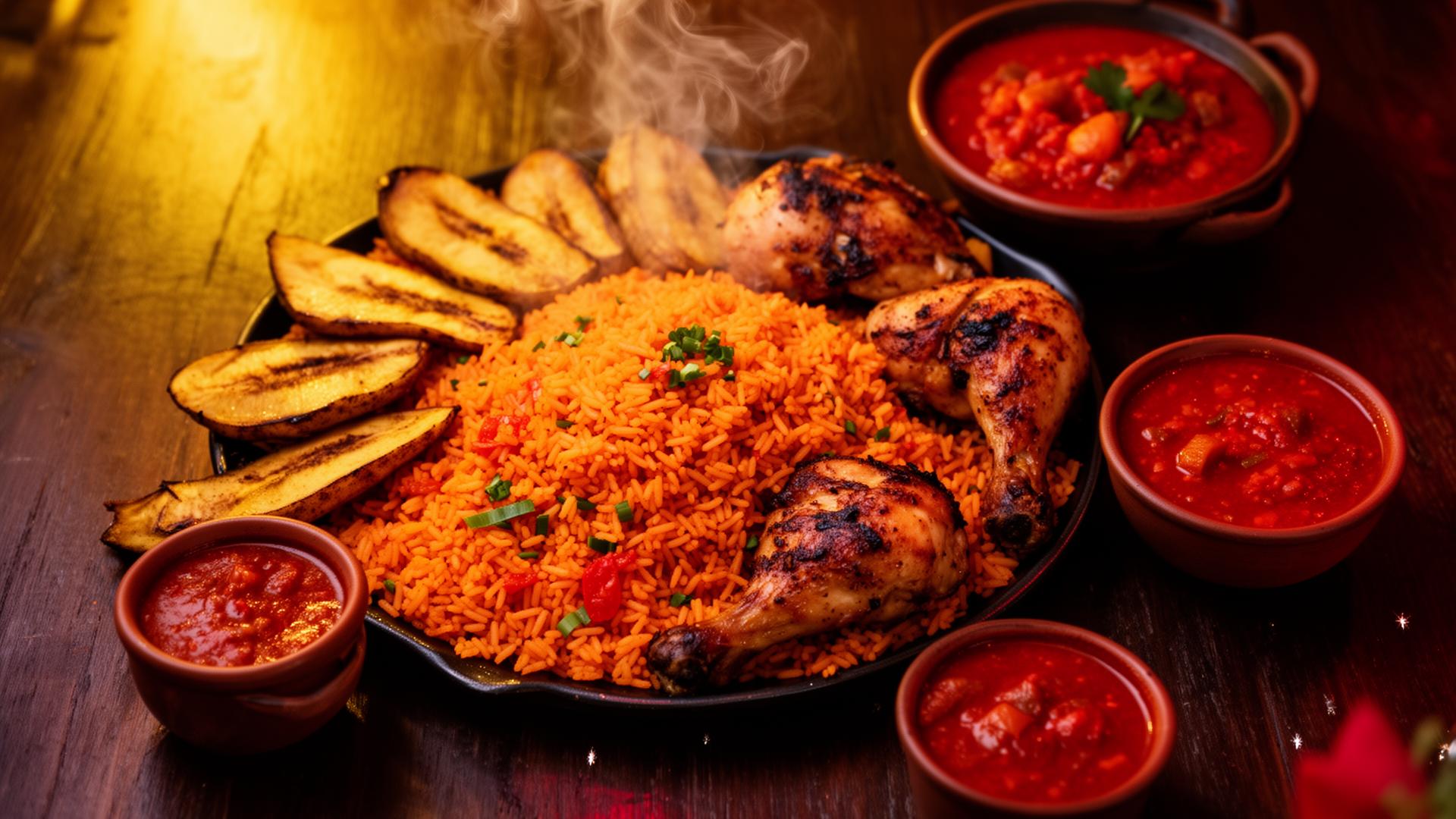 A vibrant spread of jollof rice, grilled chicken, plantain and stew